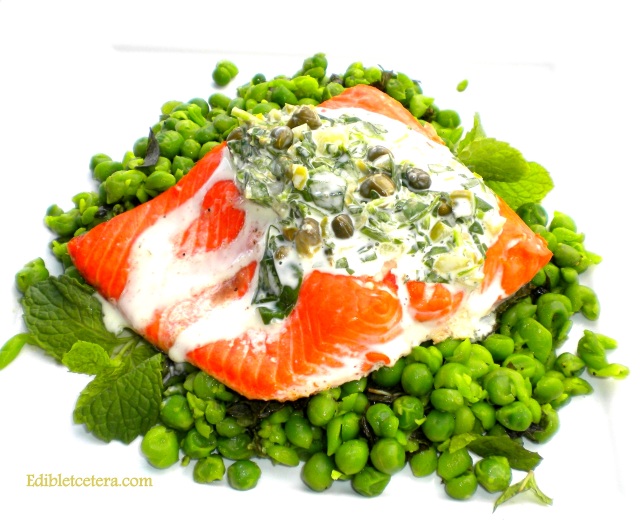 Oven Roasted Salmon with Minted Peas , Watercress, Capers & Lime