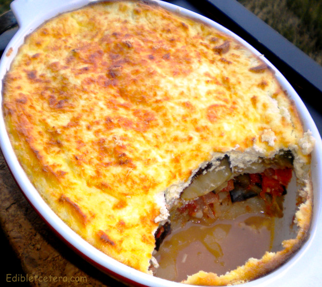 Cheesy Eggplant, Tomato & Potato Pie