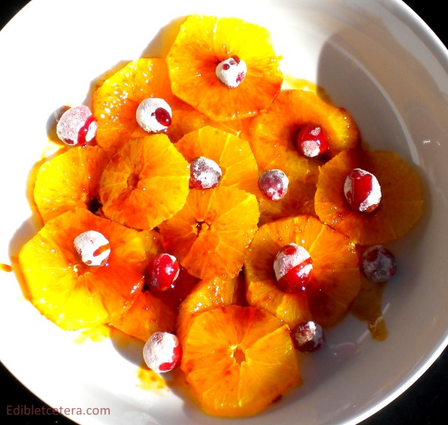 Oranges in a Cranberry Caramel Sauce with Candied Cranberries