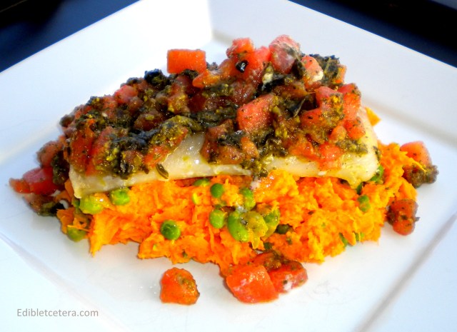 Pesto Baked Fish with Sweet Potato Mash