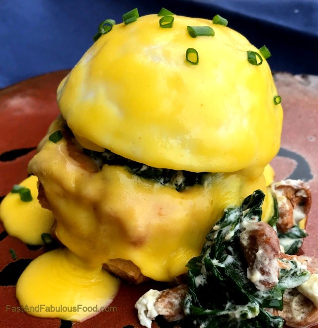poached egg vol au vents with wild mushrooms, spinach &amp; goat cheese